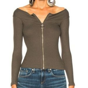 Enza Costa Green Rib Exposed Shoulder Zip Top